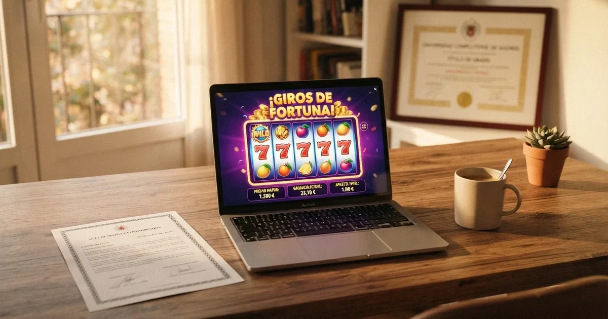 Escritorio con un ordenador mostrando la web de un casino online junto al escudo oficial de la DGOJ y un documento con el título de licencia