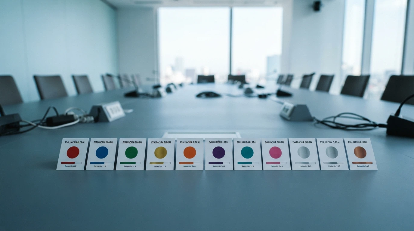 Diez tarjetas alineadas, cada una con el logotipo de un operador distinto y una barra de valoración debajo, sobre un fondo azul institucional