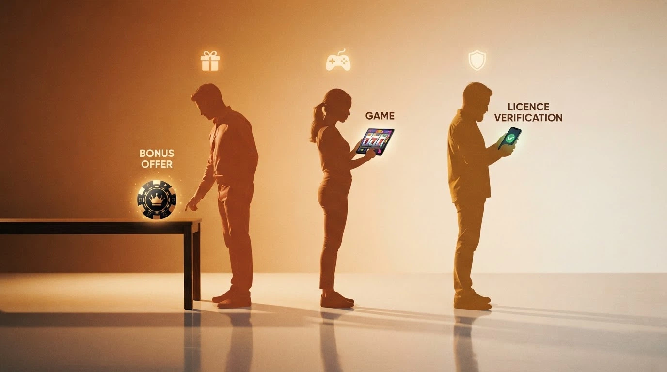 Tres figuras de jugador con distintos perfiles — uno mirando un bono, otro revisando un catálogo de slots, otro comprobando una licencia en el móvil — cada una con un icono de prioridad distinto