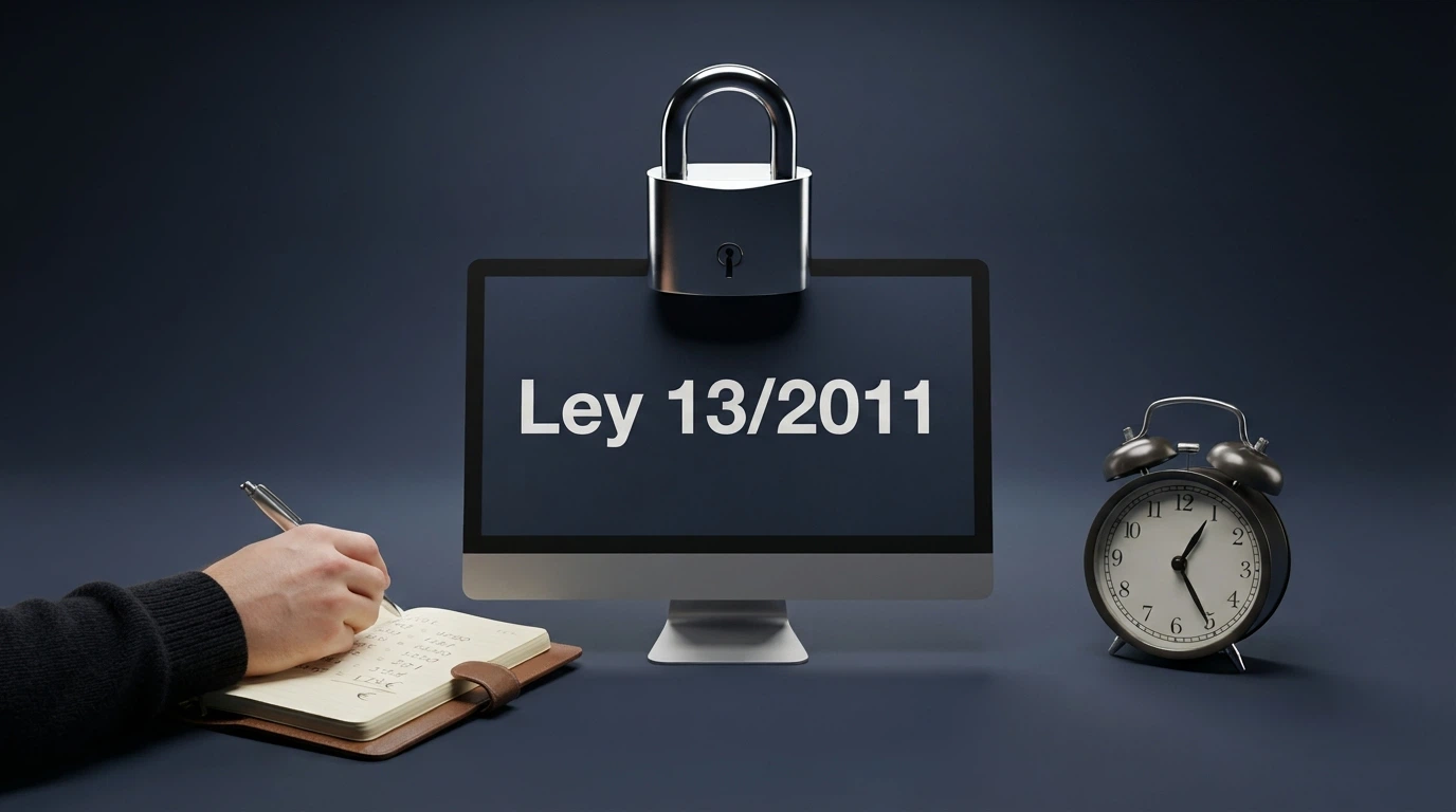 Representación visual de los pilares de la regulación DGOJ: un candado sobre un monitor con el texto «Ley 13/2011», una calculadora con el símbolo del IRPF y un reloj marcando la franja 01:00-05:00
