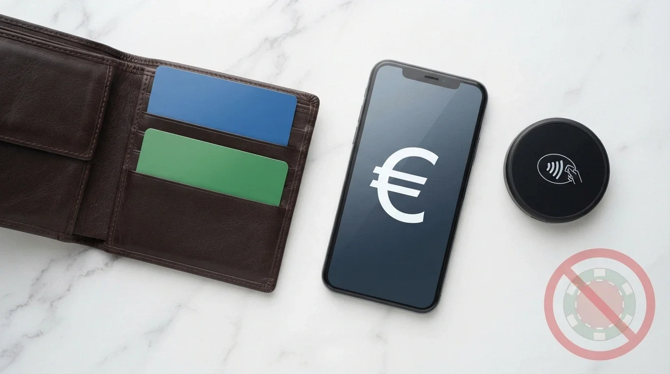 Cartera digital mostrando tarjetas bancarias, el logo de Bizum, monederos electrónicos y una transferencia bancaria, con un símbolo de bitcoin tachado en rojo en la esquina